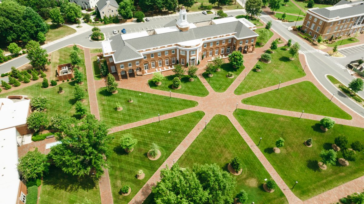 An aerial view of a university quad.